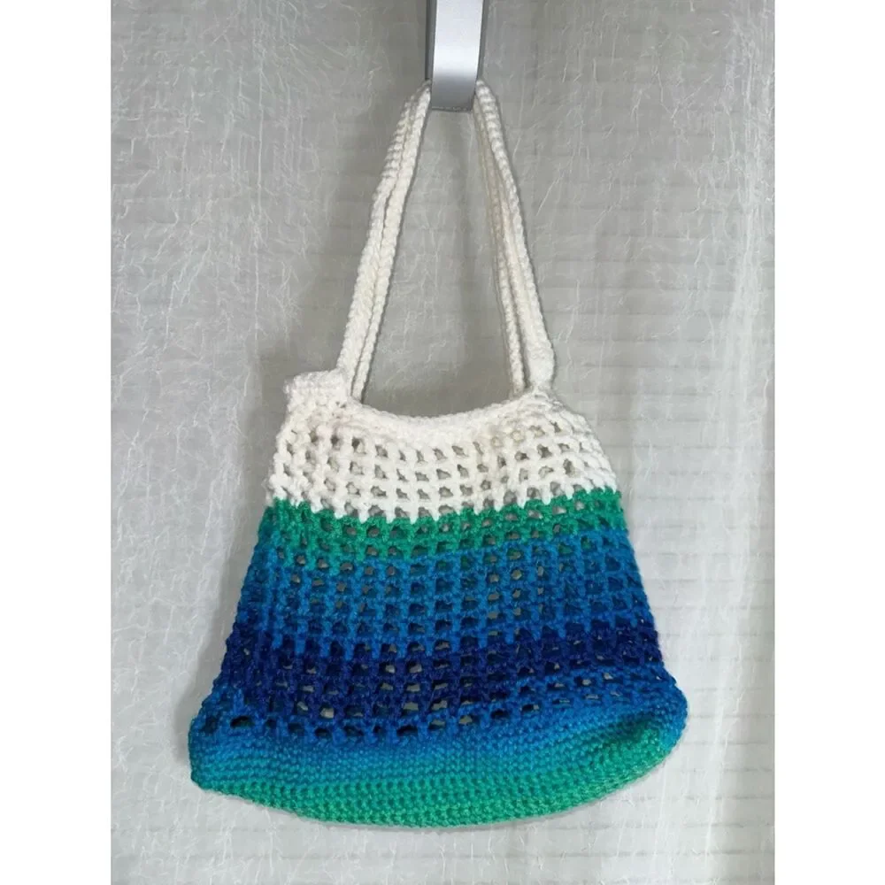 Handmade Crochet White Shades of Blue Green Small Fishnet Market Tote